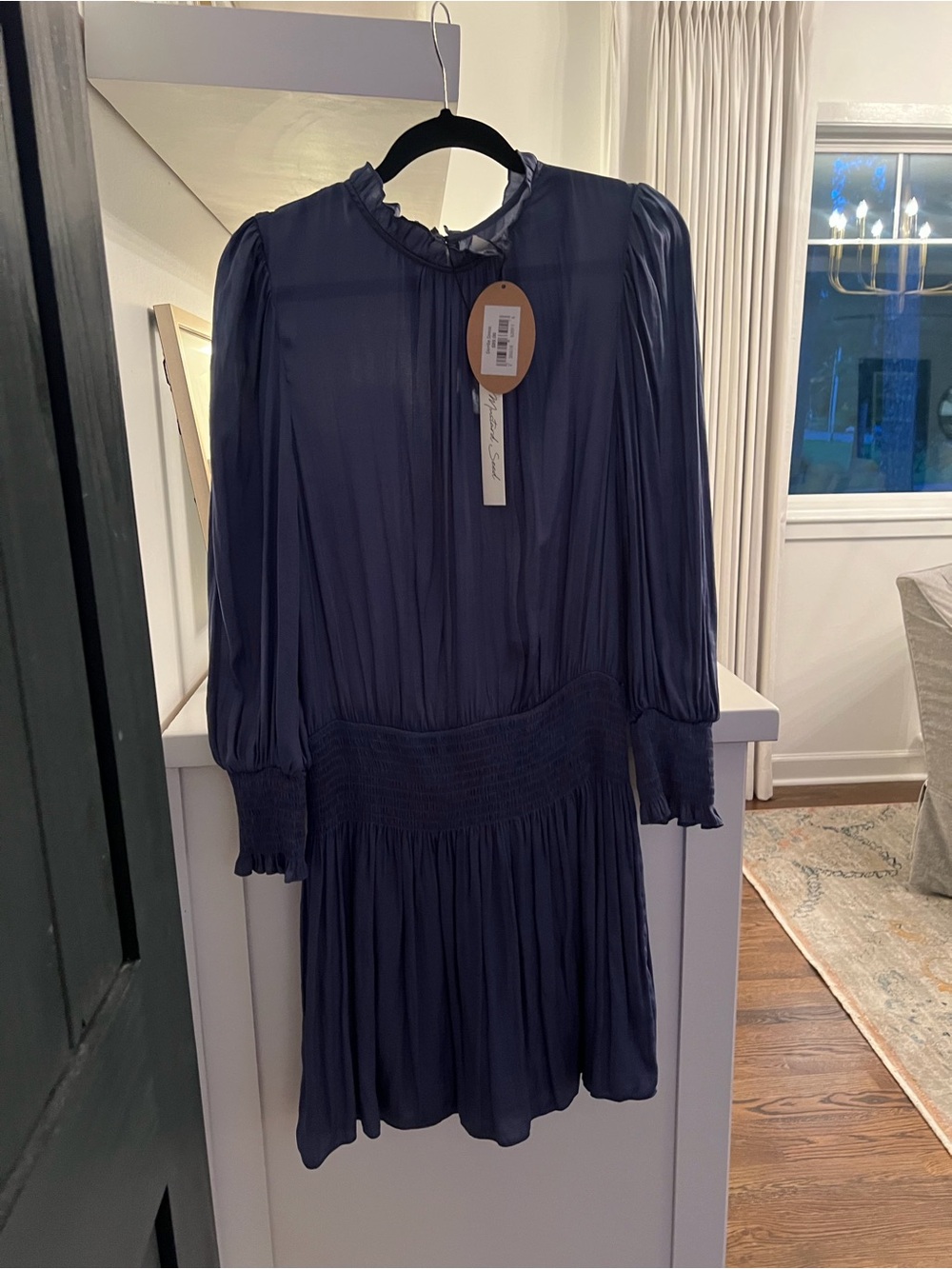 Mustard Seed Navy Long Sleeve Smocked Waist Mini Dress